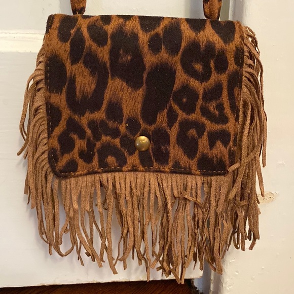 Handbags - Long Strap Brown & Black Fringe Leopard Print Mini Purse